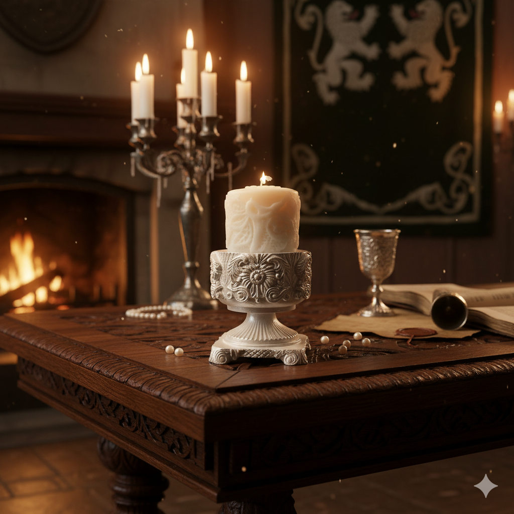 "Ornate Pedestal" Candle holder with "Lace Pillar" Candle