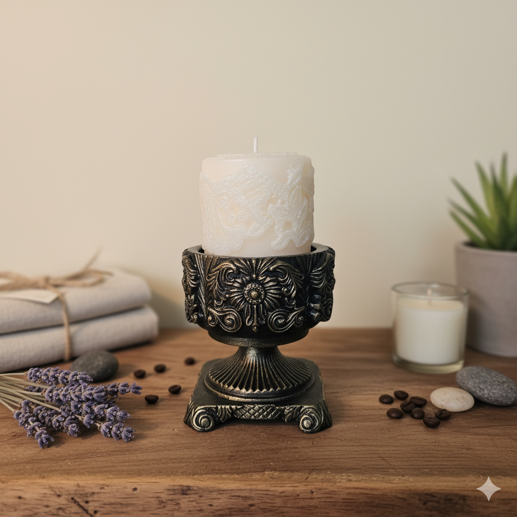 "Ornate Pedestal" Candle holder with "Lace Pillar" Candle