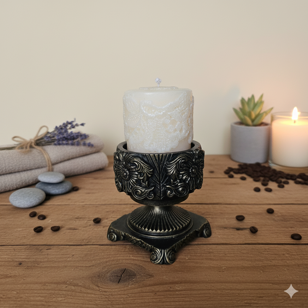 "Ornate Pedestal" Candle holder with "Lace Pillar" Candle