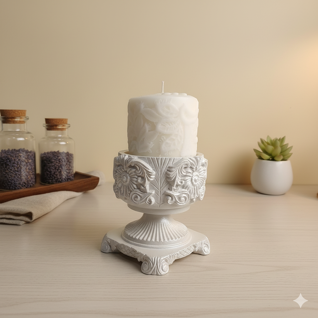 "Ornate Pedestal" Candle holder with "Lace Pillar" Candle