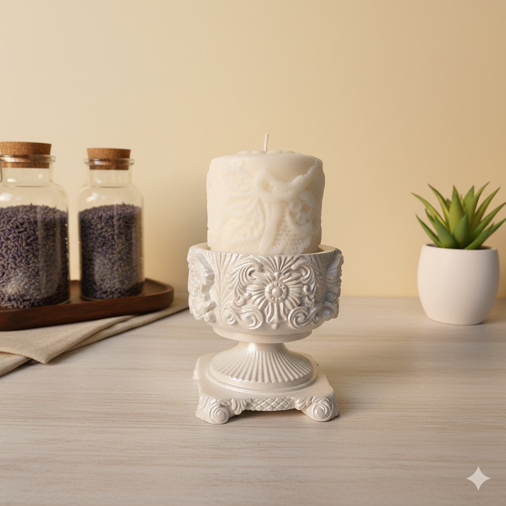 "Ornate Pedestal" Candle holder with "Lace Pillar" Candle