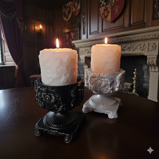"Ornate Pedestal" Candle holder with "Lace Pillar" Candle